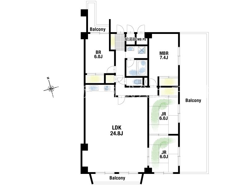 緑地東ロイヤルマンション ゆとりの4LDKタイプ。南向きのリビングは広々24.8帖あり、家族が自然と集まる明るく開放的な空間です。
