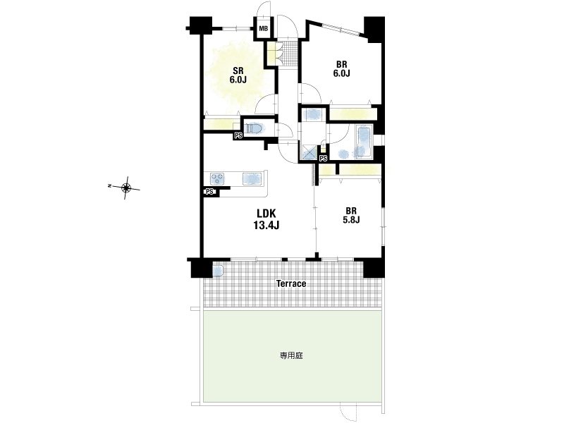 【CASA】エスリード京都山科セミリア≪専用庭（29㎡）付き、ペットと過ごす暮らし≫ 間取りは2SLDK、対面式キッチン付きのリビング。大切なペットとの共生も可能（規約による制限あり）